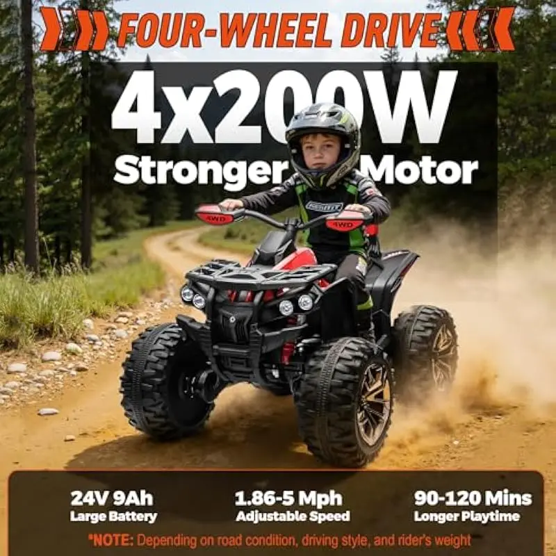 24V Dual-Seat Electric ATV for Kids • 800W Quad Motor • 9Ah Battery • 1–2 Hr Runtime • 1.8–5 MPH Adjustable Speed • Remote Contr