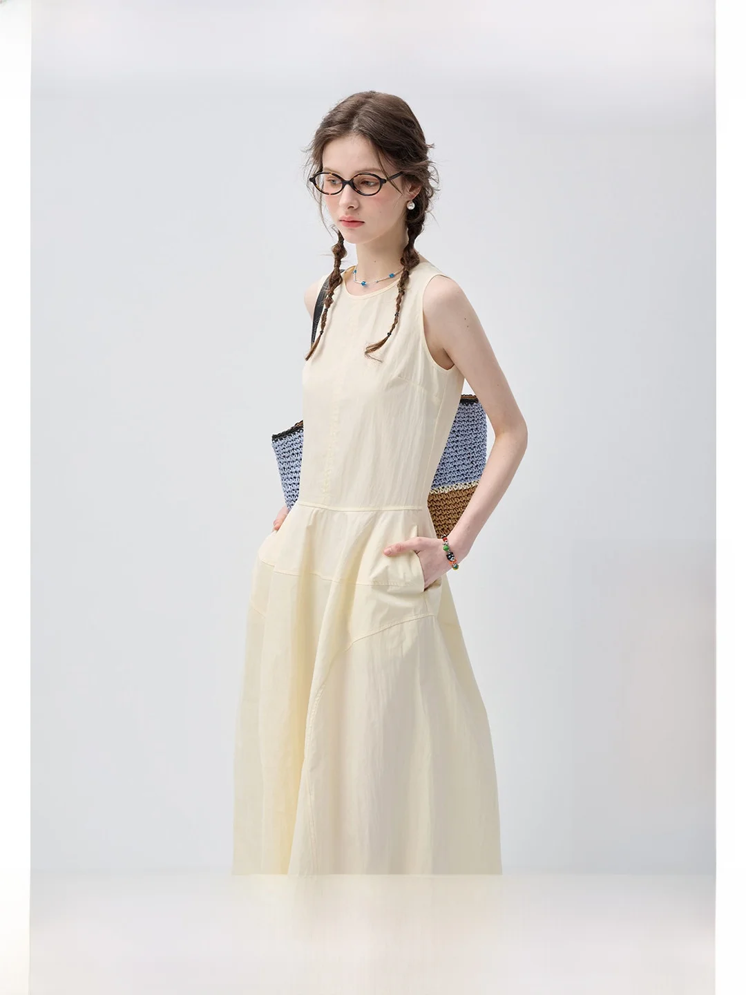 

Vega Chang Summer New Style Sleeveless Long Dress with Pocket Light Yellow Wide Leg Pants Korean Style Commute Friendly Dress