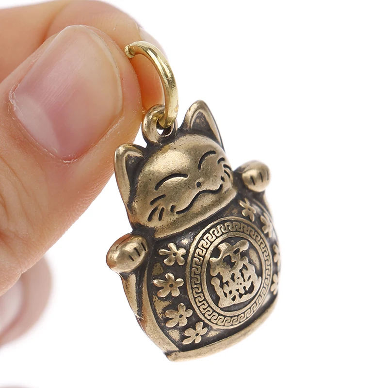 Vintage Brass Jewelry Accessories Japanese Beckoning Cat Pendant For Bracelet Necklace Key Chain Bronze Charm Gift