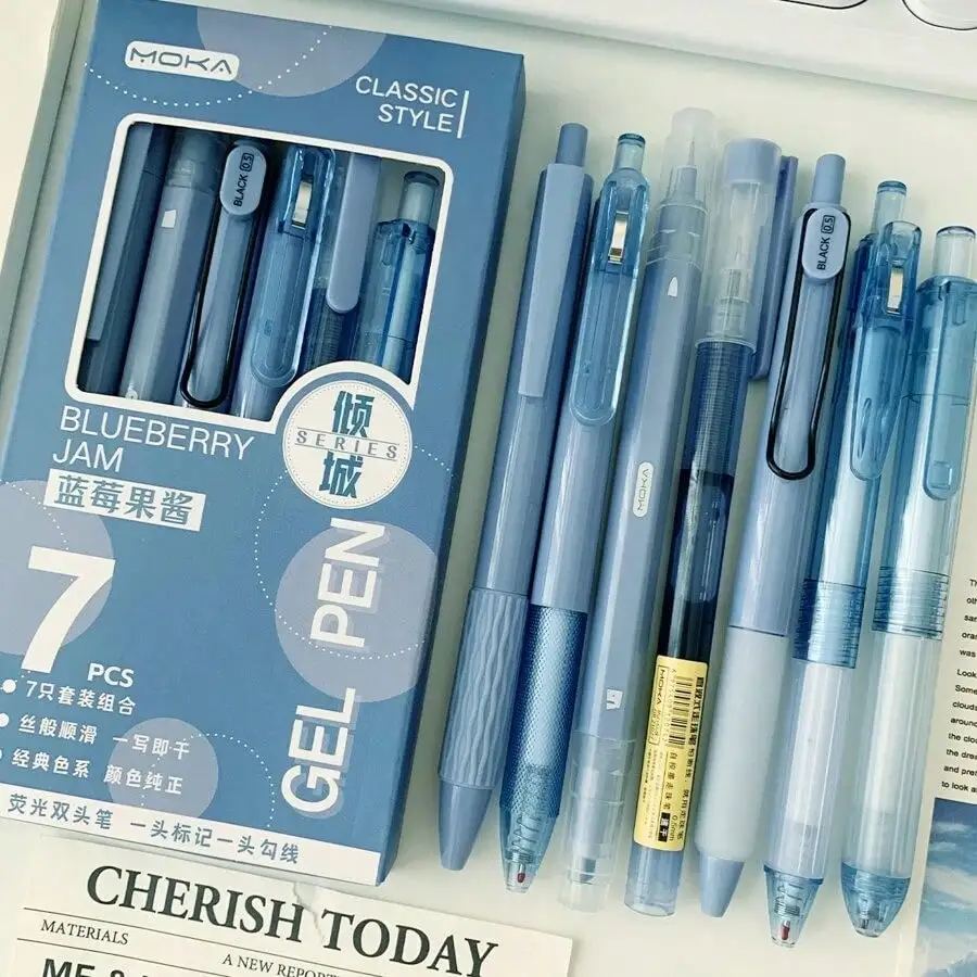 7pcs/Set St-Tip Push Pen & Pen Combination School Stationery Set Quick Drying And Brush Writing, Black Back To School