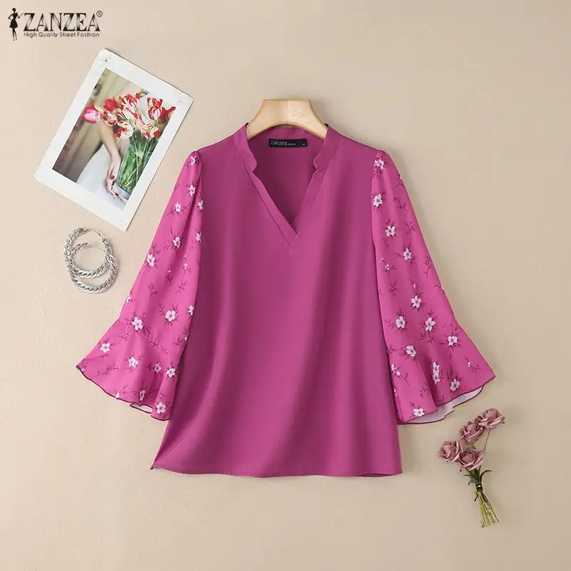 Primavera 2026 Camicette eleganti Donna Scollo a V Stampato floreale Manica a 3/4 Top larghi Estate Casual e Giorno ZANZEA Abbigliamento donna 3XL