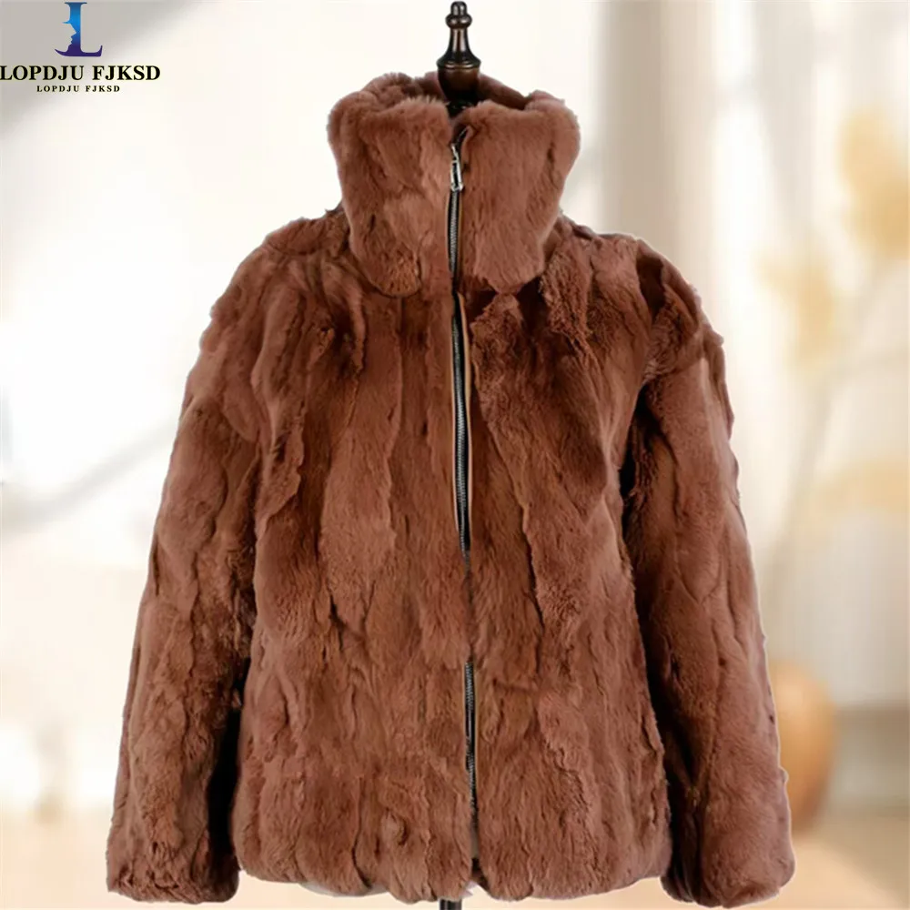 Real Rex Rabbit Fur Coat for Women, Loose Long Overcoat,Thick Warm Female Clothing,Stand Collar ,Winter High Quality Jacket,New