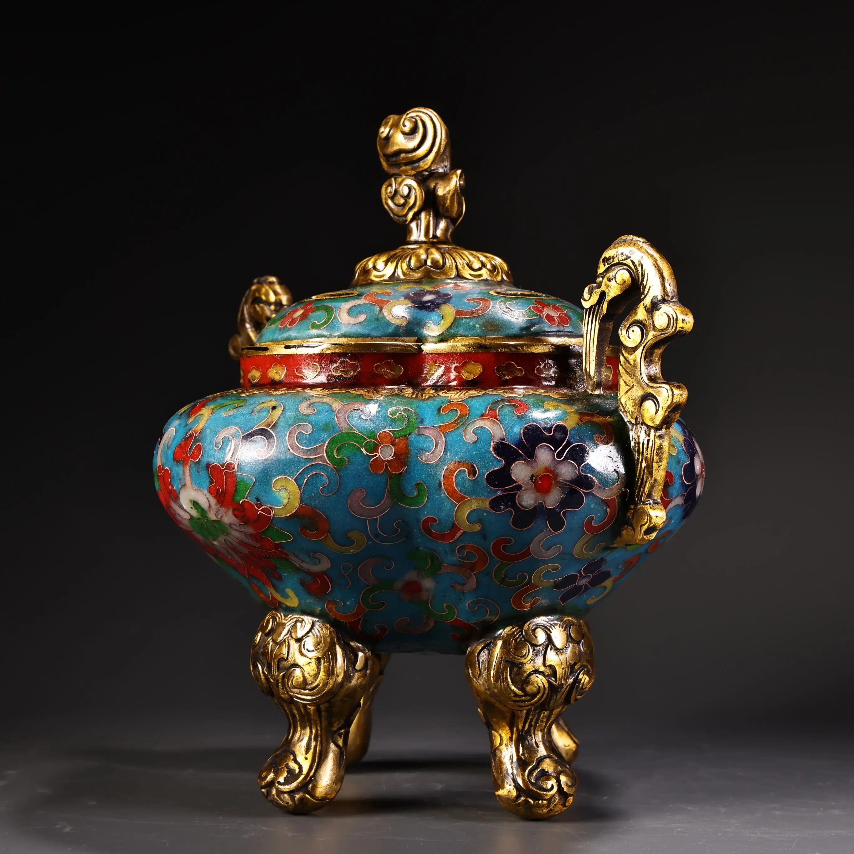 

6"Old Nepalese temples Old Bronze Cloisonn Enamel High Relief Ruyi Statue Cover Dragon Ear Three Legged Incense Burner