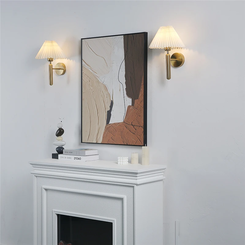 Modern Simple Wall Lamps LED Metal Thick Rod Equipped with Zipper Switch Pleated Paper Wall Light Nordic Room Decor Wall Lights