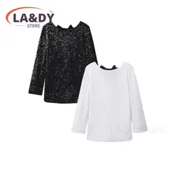 Dress Women 2024 Fashion Sequin Bowknot Round Neck Female Solid Color Casual Long Sleeve Pullover Mini Party Dresses Ladies