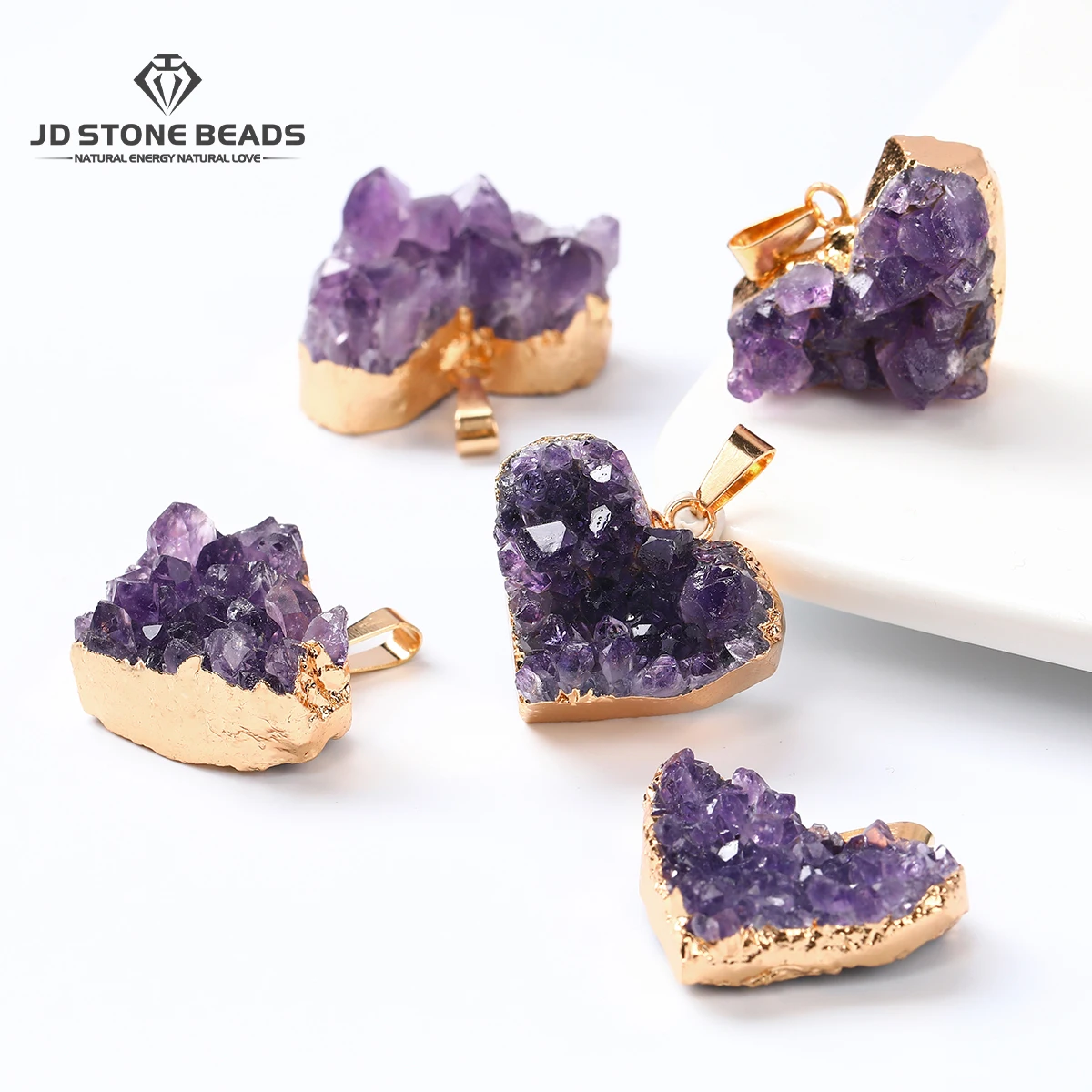 

1Pc Natural Stone Amethyst Cluster Heart Shape Pendant Random Size Charms for Jewerly Making DIY Necklace Accessory Findings