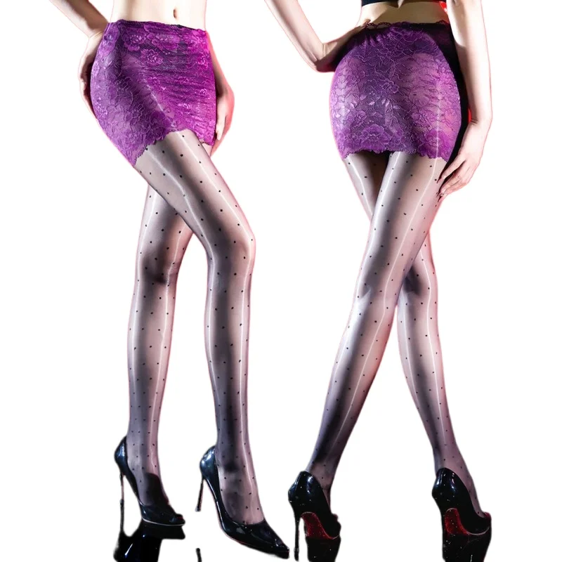 Women Sexy Stockings Integrated Lace Wrap Buttocks Miniskirt Polka Dot Aurora Oil Shiny Ultra-Thin Transparent Pantyhose