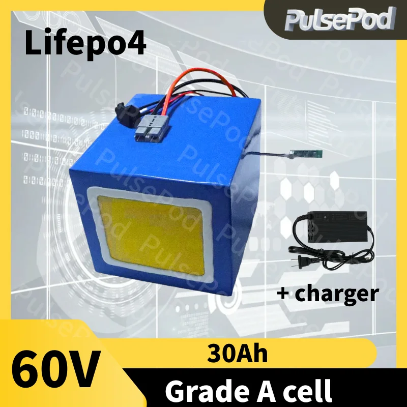 

PulsePod 100Ah 60V 60Ah 80Ah 30Ah 60V 40Ah 150Ah 120Ah lifepo4 Lithium battery with Bluetooth APP BMS for Scooter boat + charger