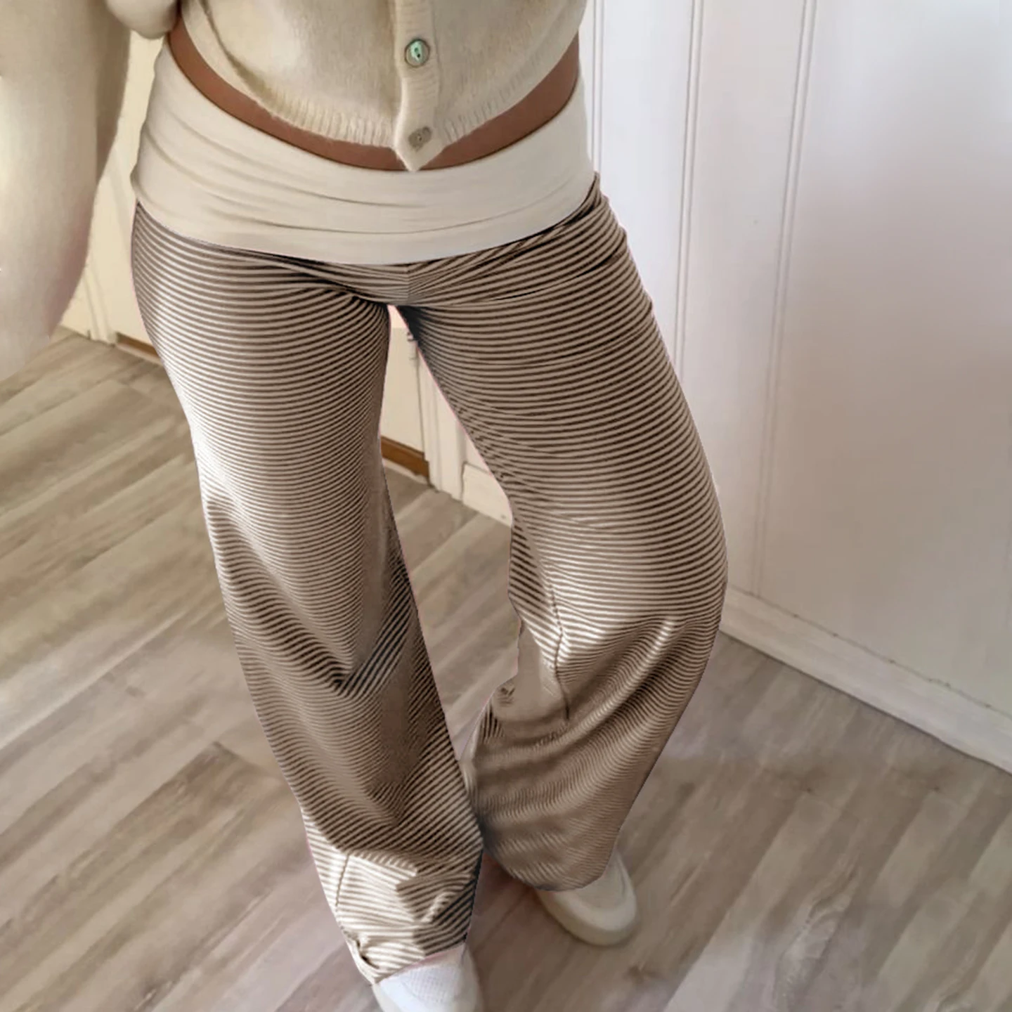 SUCHCUTE Sommer-Strickhose mit kontrastierenden Streifen für Damen, lässige, gerade geschnittene, elastische lange Hose, Y2K Bell Bottoms, Sport-Jogginghose – Detail 14