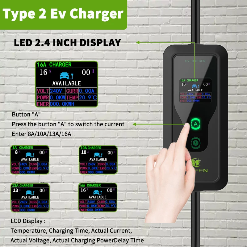 WUFEN EV Charger Type 2 16A 3.5kW Portable Charging Box 5M Cable EU Plug 220V Type 2 Car Charger for IEC 62196 Electric Vehicle