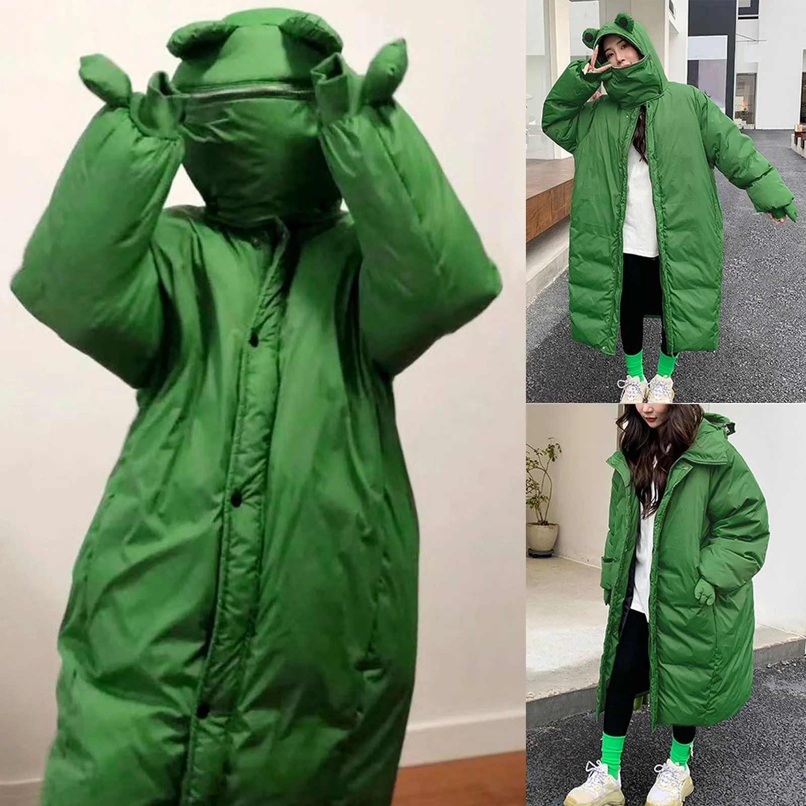 Cartoon Cute Down Jacket Women Autumn Winter Green Thick Quilted Jacket Coat Long Sleeve Hooded Long Parkas Female Outwear