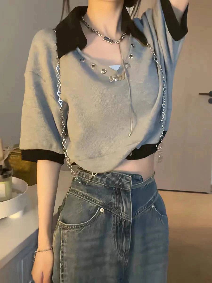 

Женская футболка Spicy Girl Chain Design Ne ort Sve V-Ne, большие размеры, летний топ в американском стиле, летний топ для поездок на работу