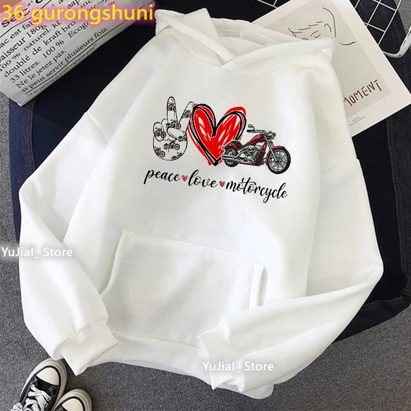 Peace Love Motorcycle Graphic Print Cap Hoodies Women'S Clothing Funny Fashion Pink/White/Gray Sweatshirt Winter/Spring Coat