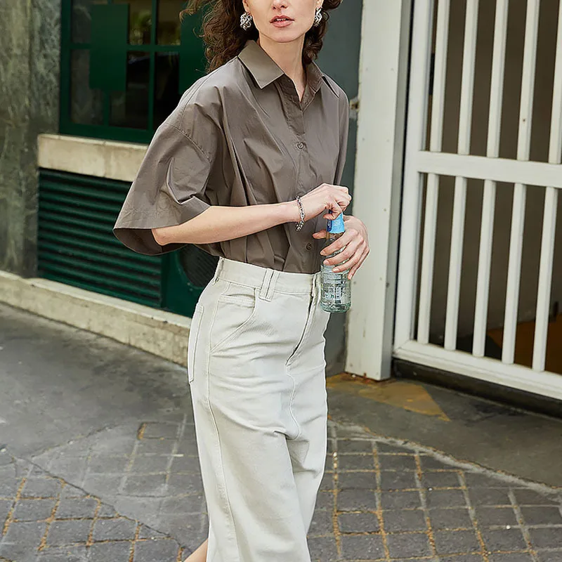 Commuter 100% Cotton Loose Short-Sleeved Shirt Summer New Korean Ladies Lapel Buttons Mid-Length Unisex Shirts Casual Cardigan