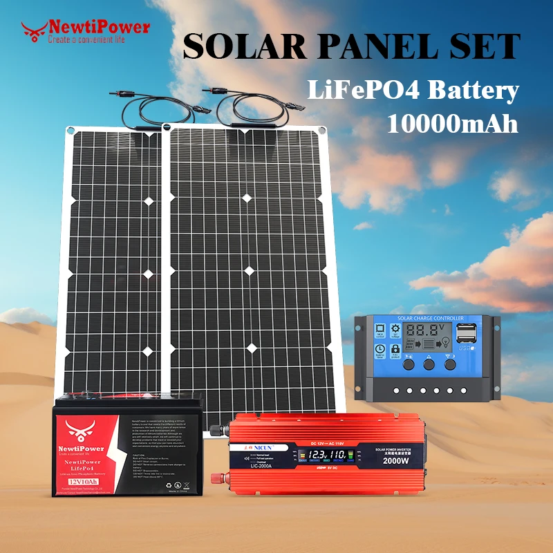 2000W Off-Grid Solar Complete Kit Power W/100A MPPT Controller, 110V 220V Inverter & 10AH 30AH LiFePO4 Battery for Home/RV/Campi