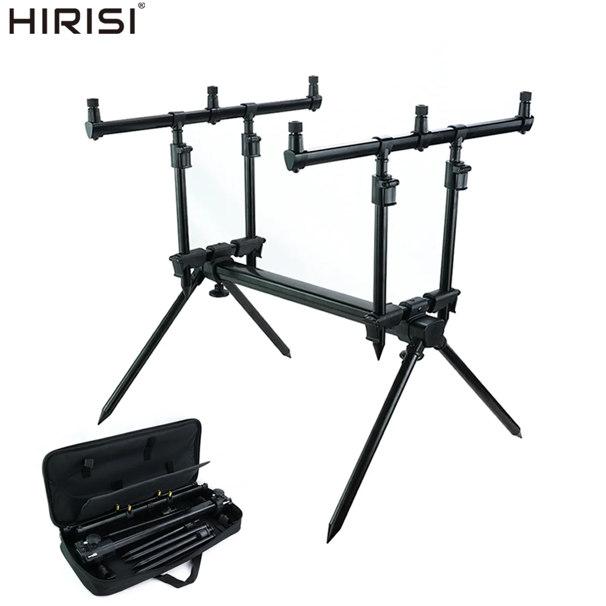 

Hirisi 4095 Carp Fishing Rod Pod Set 3-Rod Support System with Telescopic Bank Sticks & Adjustable Buzz Bars for Carp Fishing