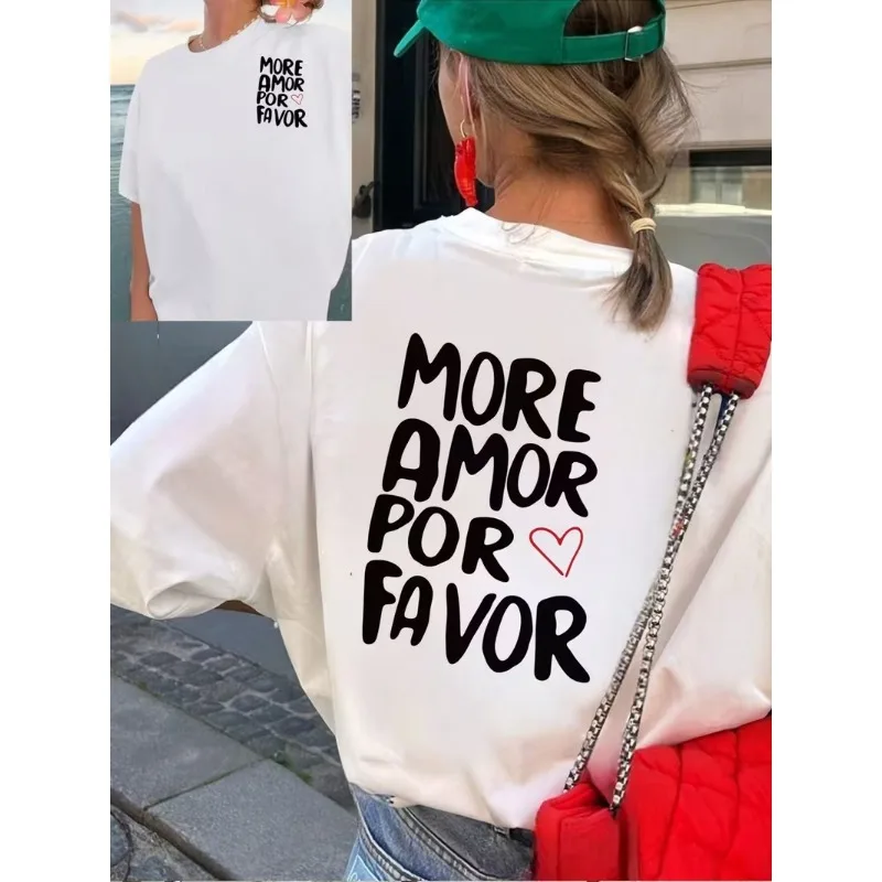 “More Amor Por Favor” Dopamine-Style Women’s T-Shirt with Heart-Shaped Letter Print—Casual Streetwear Short-Sleeve