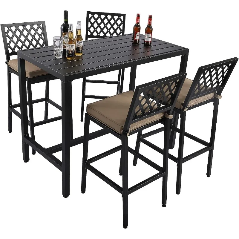 5-Piece Outdoor Patio Bar Set, Bar Height Patio Dining Set, Weather-Resistant Bistro Counter Pub Set with Cushions & Slatted