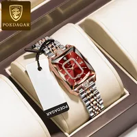 POEDAGAR Reloj de lujo para mujer, calendario de acero inoxidable resistente al agua, reloj cuadrado de cuarzo elegante y moderno para mujer