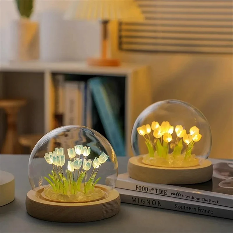 Artificial Tulip Flower Night Light Handmade DIY Bedside Lamp LED Night Lamp Bedroom Decor Christmas Birthday Gifts Table Lamp