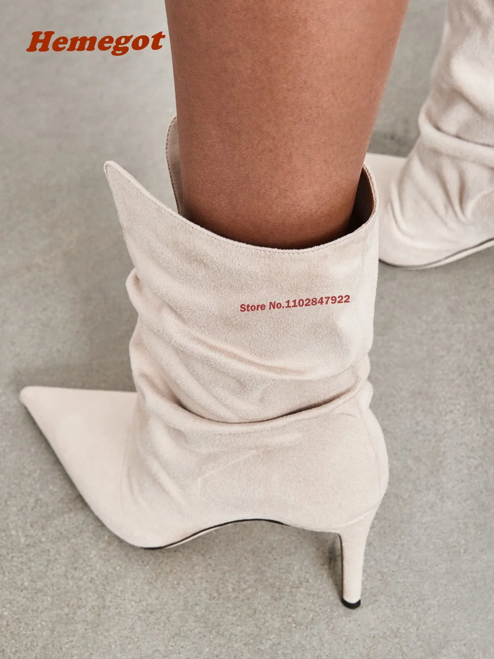 Beige Pleated Suede Mid-Calf Boots Pointy Stiletto High Heels Slip On Women's Boots Casual 2026 New Elegant Luxury Shoes Size 46