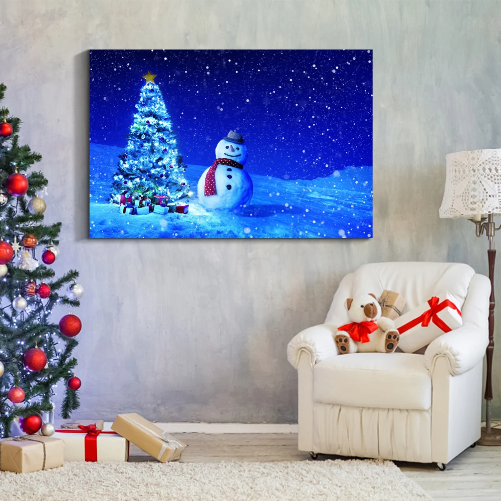 Pintura artística en lienzo enmarcada: árbol de Navidad con muñeco de nieve para Navidad, regalo y decoración para víspera, oficina, sala de estar, dormitorio