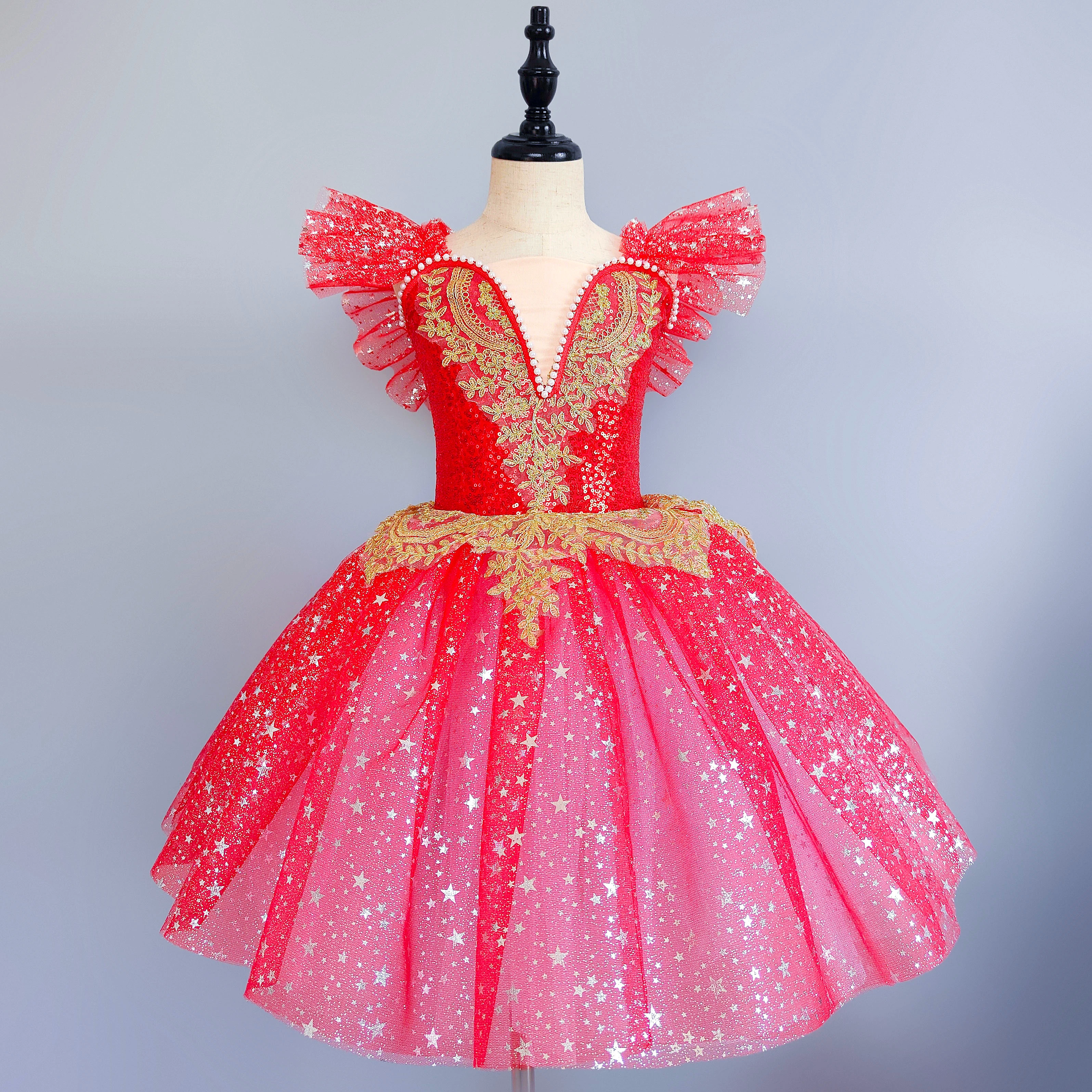 

Красное детское романтическое длинное балетное платье-пачка с блестками для выступлений, танцевальное платье с цветочным узором, детское балетное платье, современный танцевальный костюм для девочек