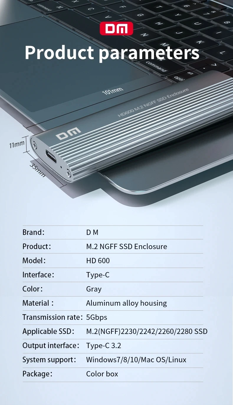 DM HDfemelle M.2 NGFF SSD 6Gbps vers USB 3.1 Type-C, convertisseur adaptateur, boîtier de disque dur à semi-conducteurs