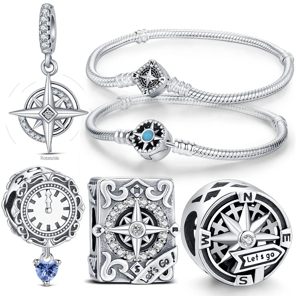 925 Sterling Silver Charm Compass Travel Journal Pendant Compass Bracelet Jewelry Making For Bracelet Women's Fashion DIY Gifts