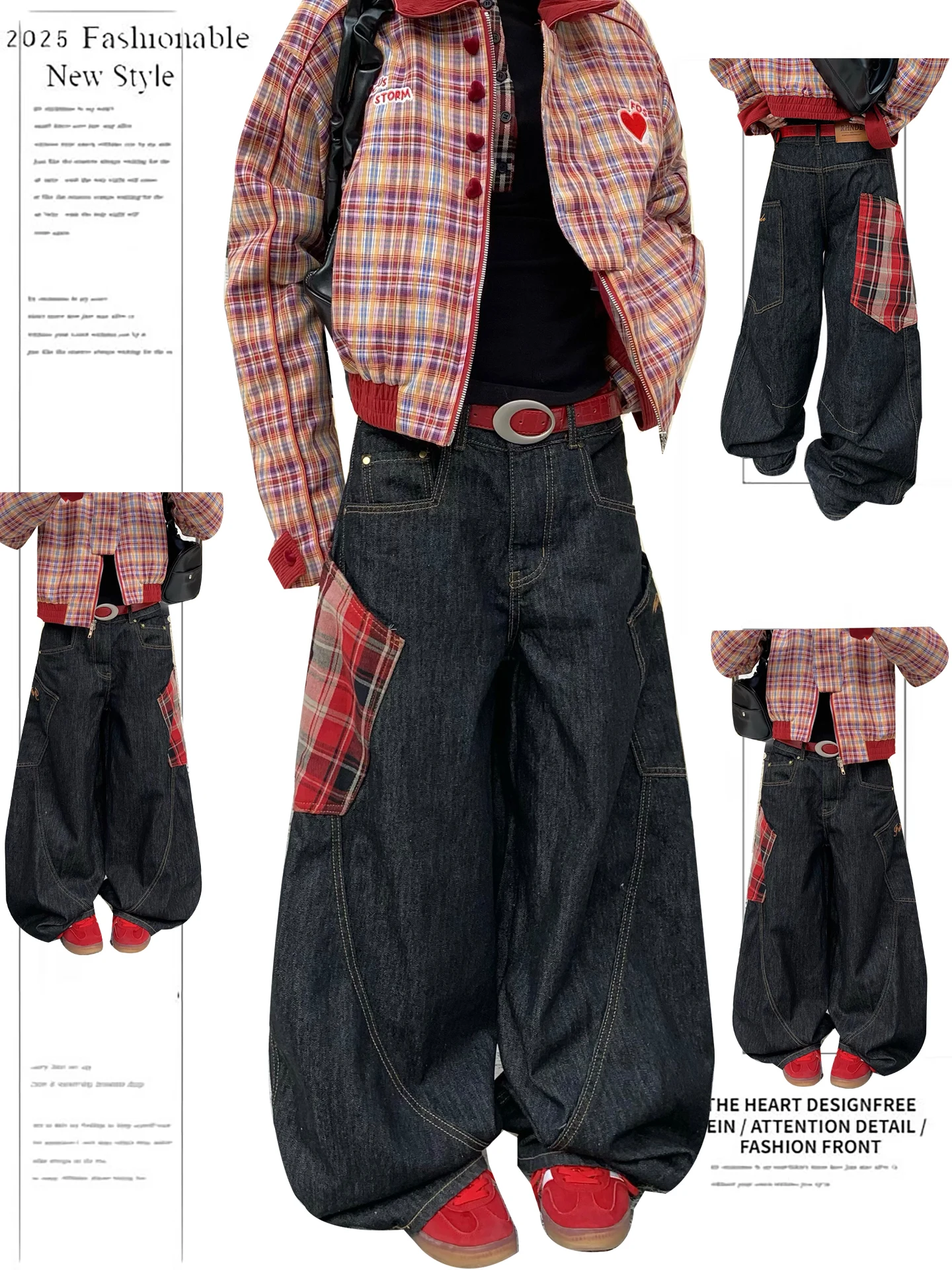 

American Plaid Splicing Waed Knife Jeans Women's Loose Wide Leg Pants Scythe Pants High Waist Casual Wear All Seasons