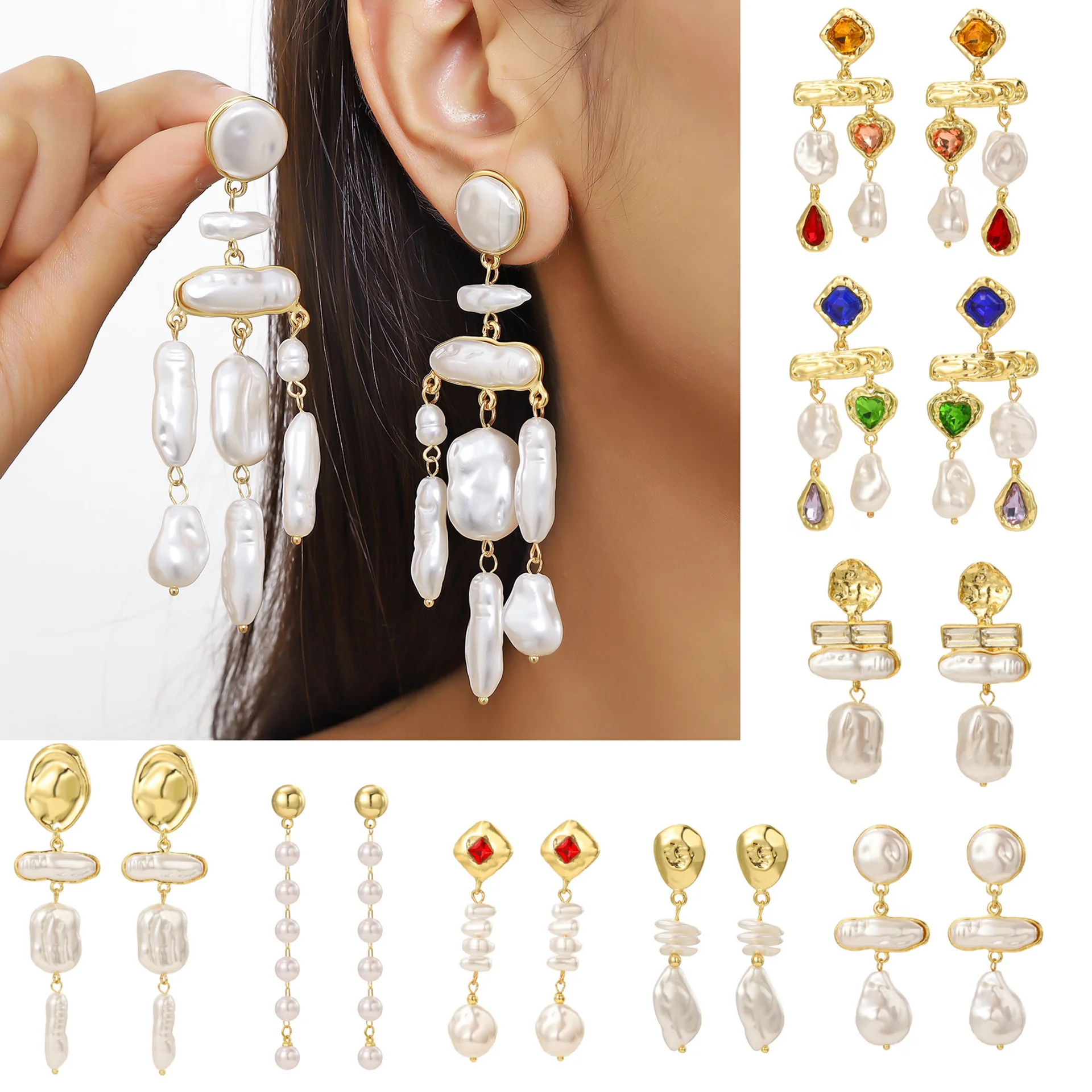 Charm Elegant Irregular Geometry Pearl Zircon Long Dangle Earrings Baroque Luxury Cross Tassel Huggie Earring Party Jewelry Gift