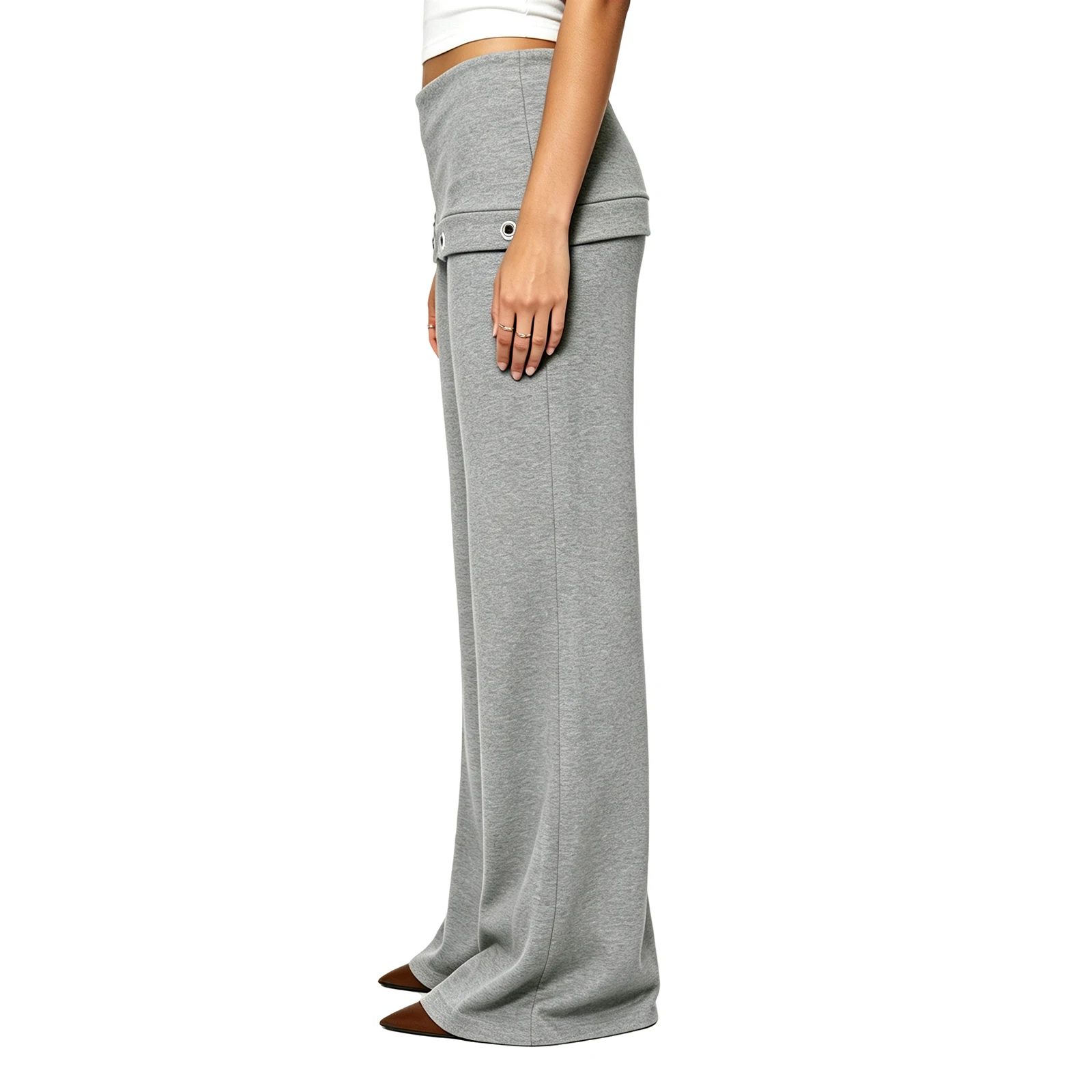 2027 Early Autumn Women's Sexy Solid Flare Pants Fashion Ladies Fold Over Waistband Trousers with Metal Eyelet