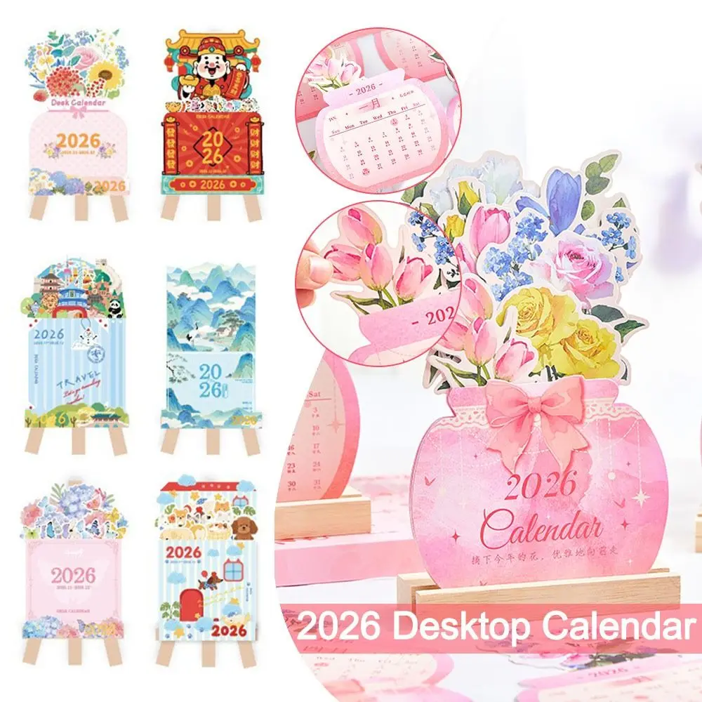 

Wooden Base 2026 Desktop Calendar Detachable Base DIY Bloomy Flowers Desk Calendar Date Display Floral Theme Monthly Planner