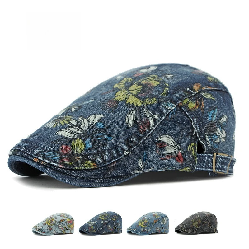 Vintage Blumenmuster Gewaschene Kappe Britische Ivy Newsboy Mütze Metallschnalle Weiche Jeans-Baskenmütze für Herren Damen Frühling Sommer Streetwear