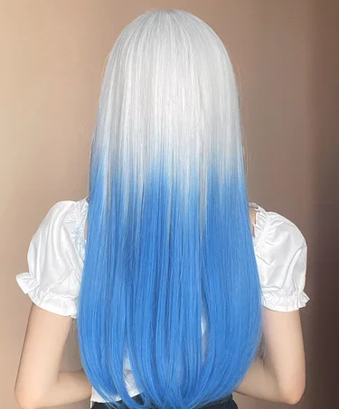 Women's wig synthetic summer blue long straight hair air bangs cos hairy girl style wig natural cosplay party heat-resistant