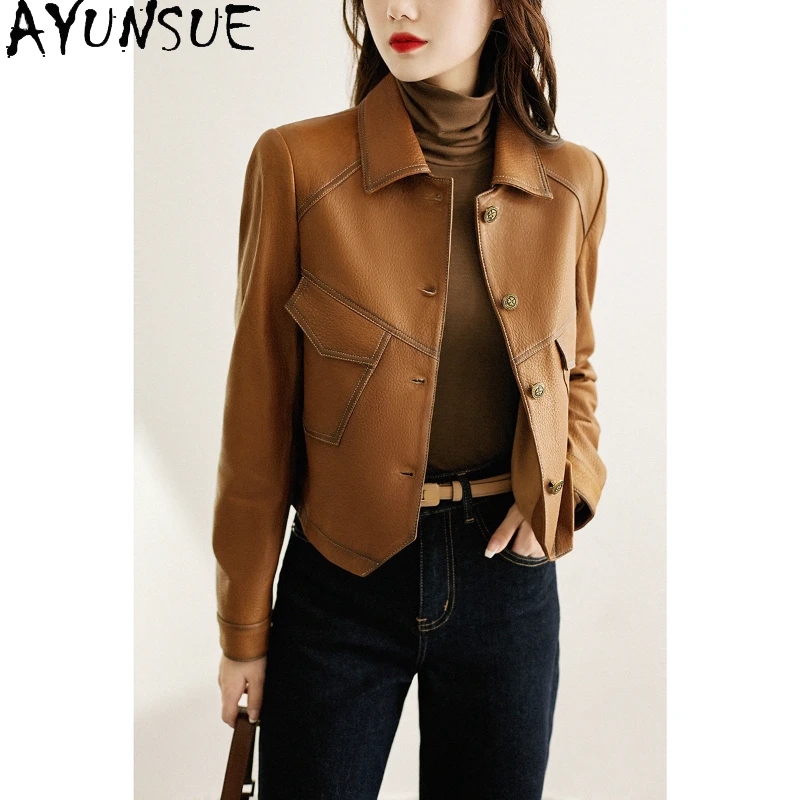 AYUNSUE Real Sheepskin Coat Single-breasted Leather Jackets for Women 2023 Short Slim Genuine Leather Jacket Roupas Femininas