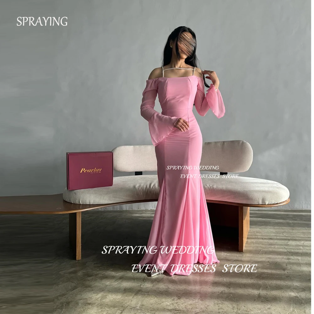 

SPRAYING Sexy Off Shoulder Pink Chiffon Evening Party Dresses Arabic Women Crystap Straps Mermaid Prom Gowns Formal Party Dress