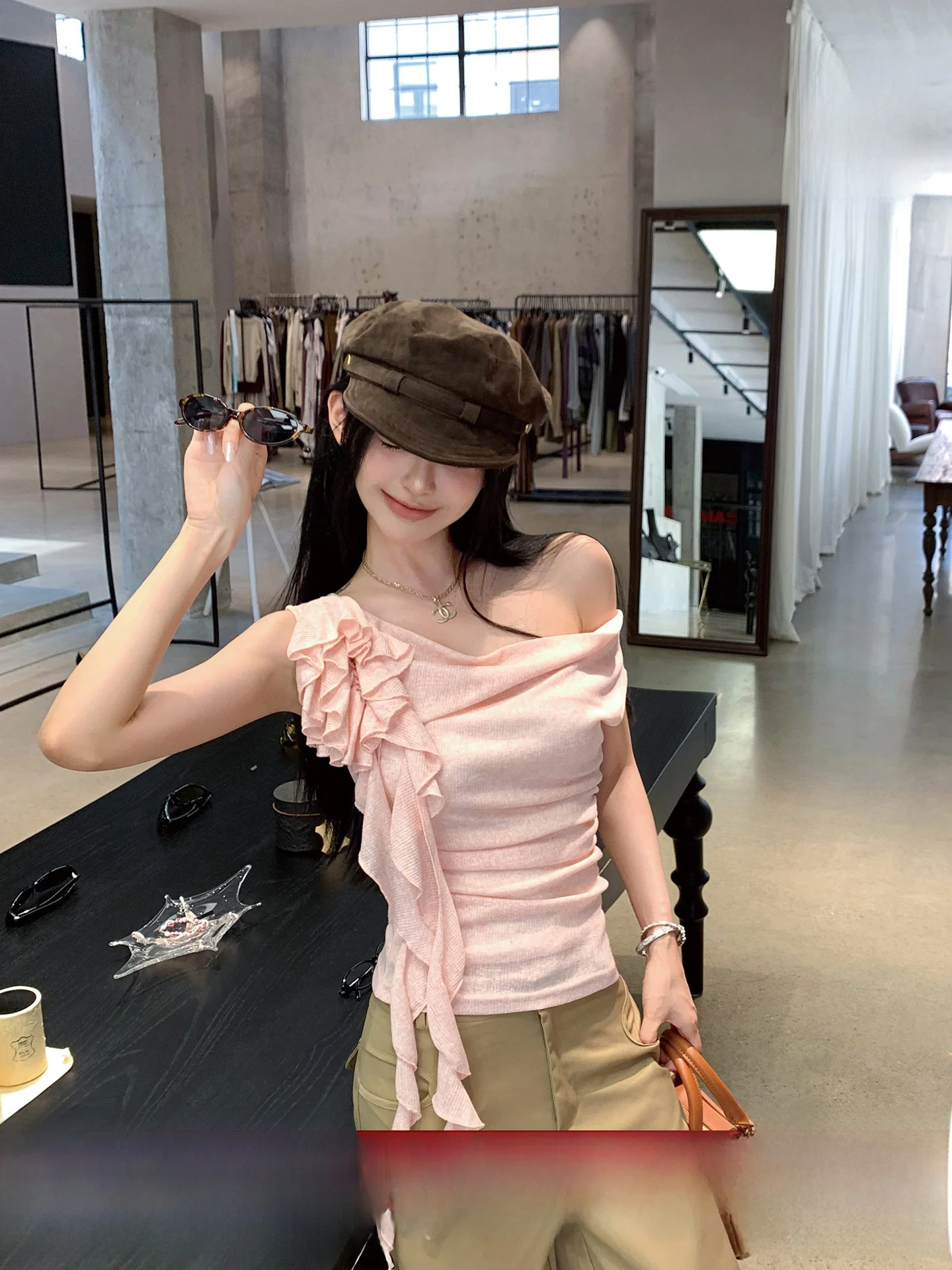 

Ele Pure Desire Okaaay Women's T-irt with Sa And Asymmetrical oulder Design Korean Sle Slim Fit Long Sve Top