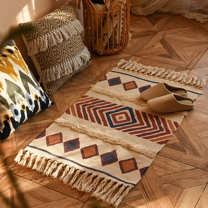 Retro Bohemian Hand Woven Tassel Carpet for Home Living Room Bedside Window Linen Rug Table Runner Door Mat Home Decor