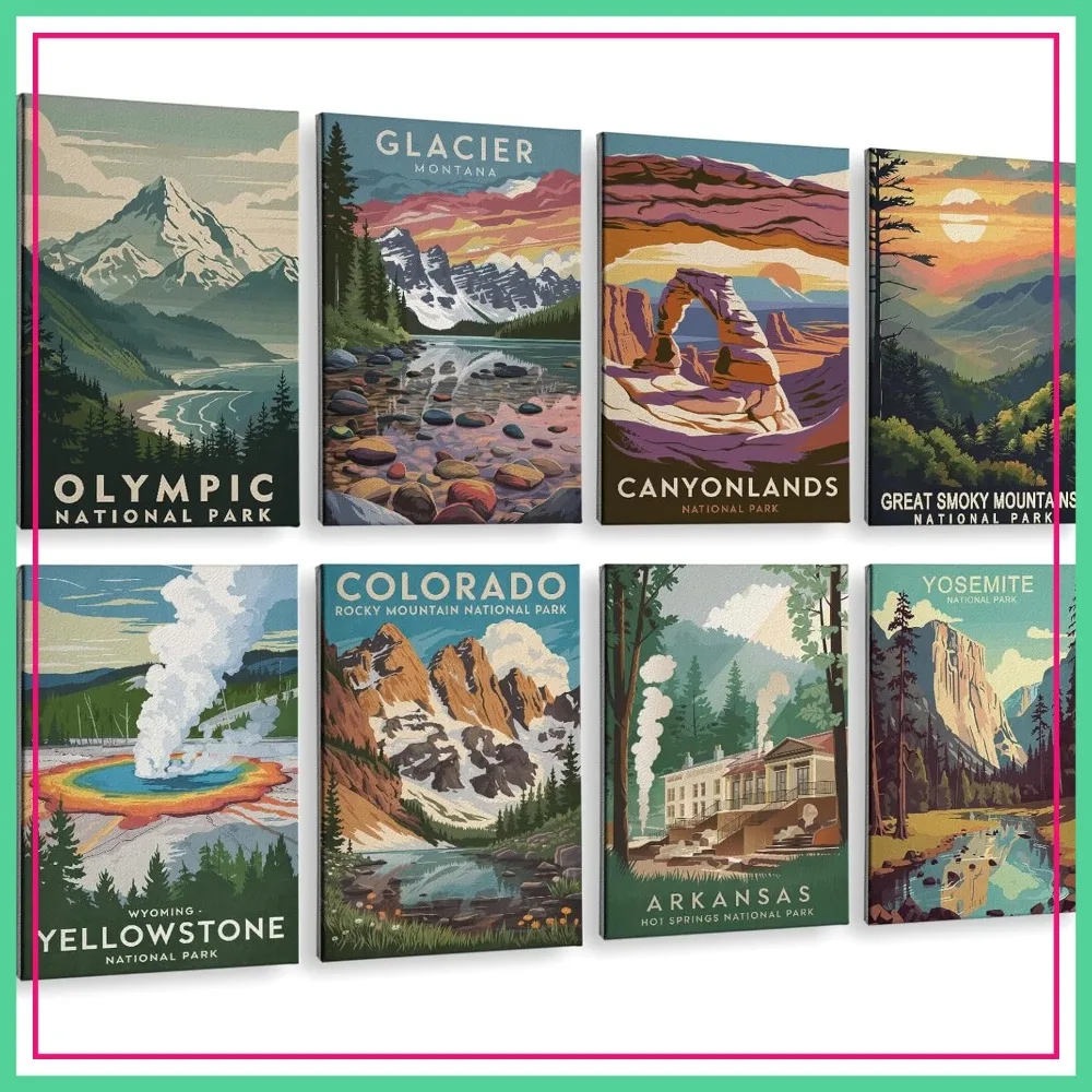 

Acoustic Art Wall Panels 48x32in, National Parks Travel Poster Style, Sound Absorbing for Bedroom, Office, Podcast, 8pcs