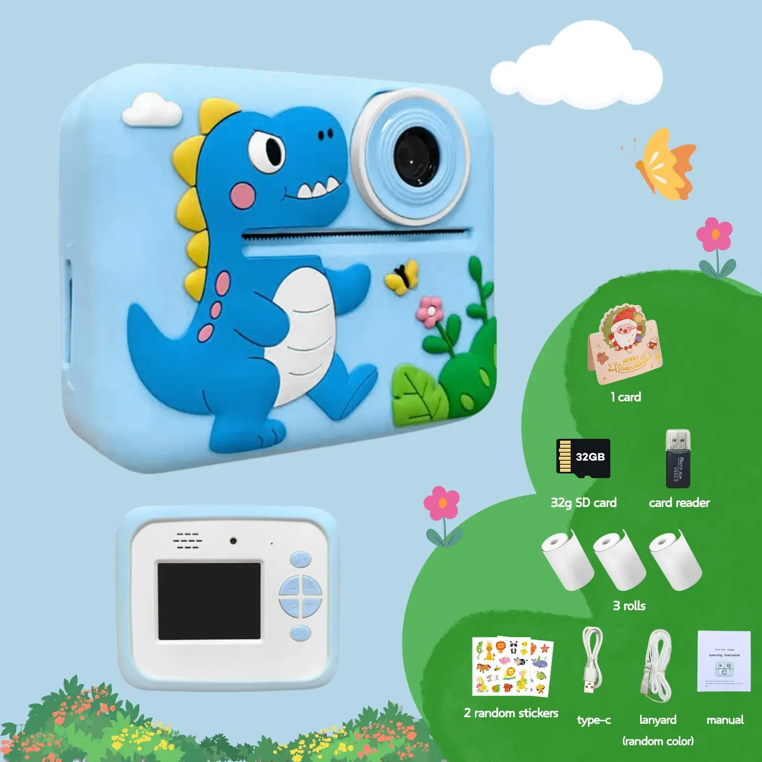 かわいい小型インスタントプリントカメラ-子供用-ブルー-パープル-ピンク-1080p-hd-サーマルプリント-写真用紙付き-クリエイティブギフト