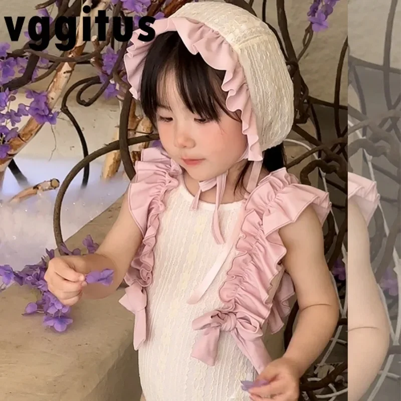 One-piece Lace Kids Girl Swimwear Pink Sky-blue Ruffle Swimsuit Sweet Bow Bathing Suit Summer Travel Beach Clothes H242059