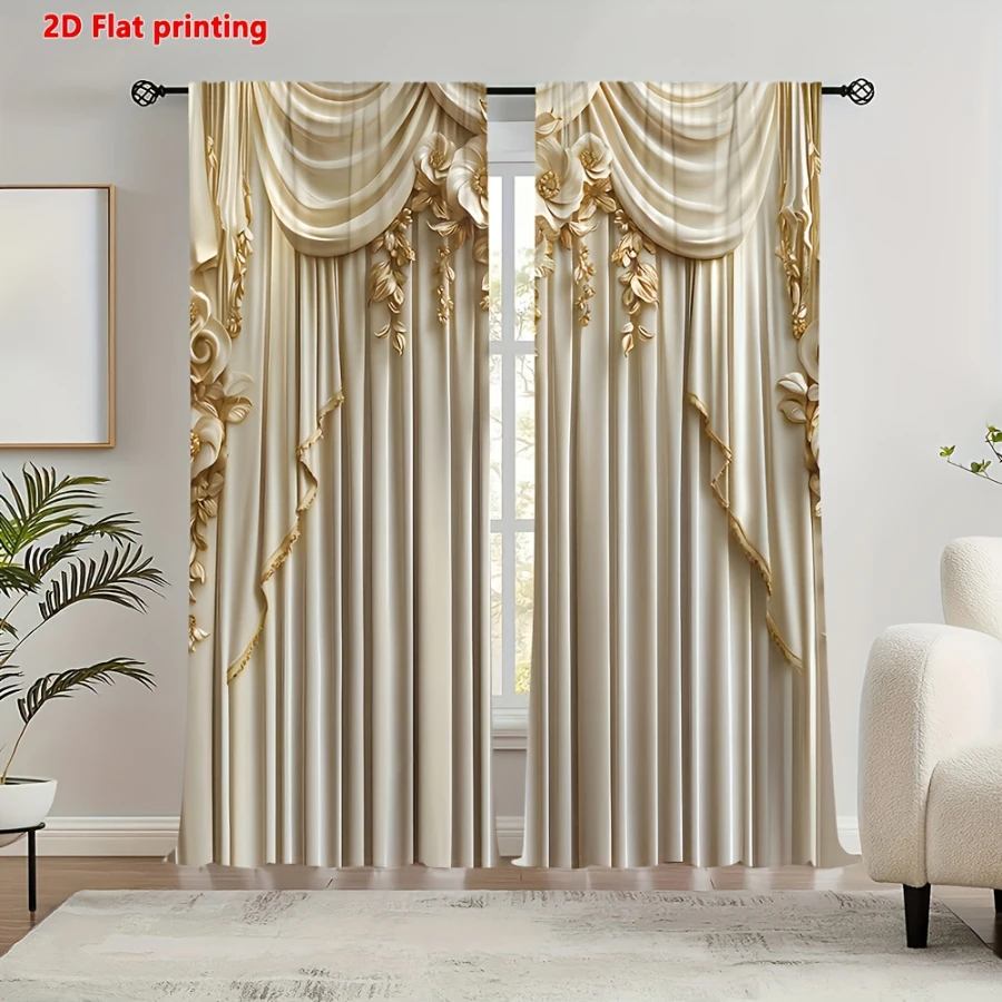 2PCS Digital Printed Curtains, European Damask Pattern, Luxury Classic Style for Living Room Bedroom Apartment Home Decor