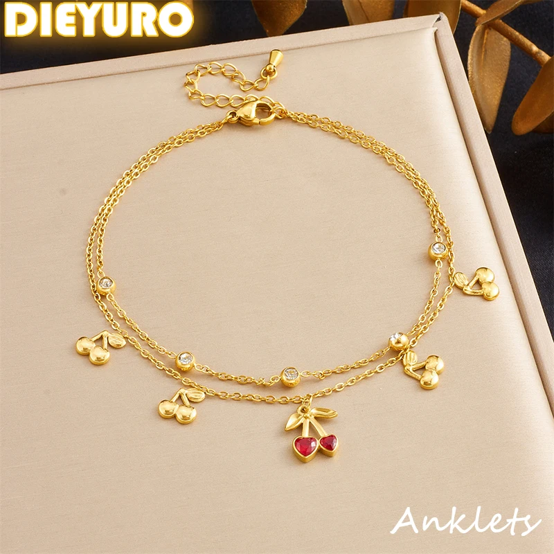 

DIEYURO 316L Stainless Steel Red Zircon Cherry Double-layer Anklets For Women New Fashion Waterproof Foot Chains Glamorous Gift