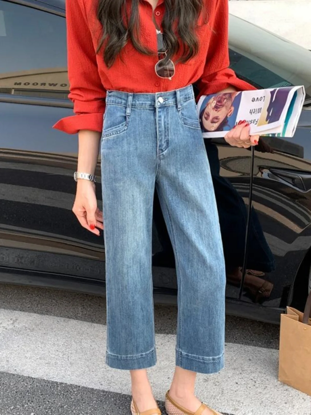 

plus Size Women's High Waist Straight Leg Jeans Slimming Loose Fit Nine-Tenths Wide Leg Pants Casual Style Zipper Closure