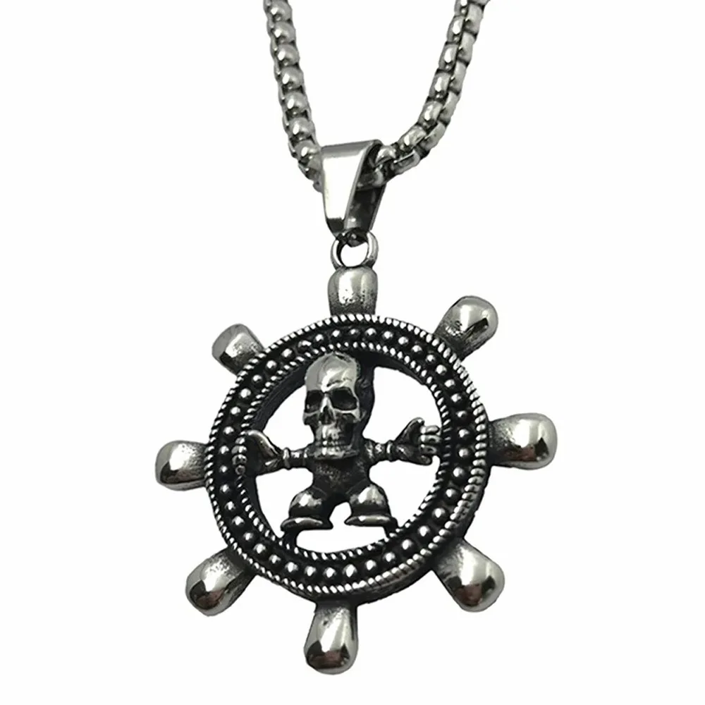 Boutique Pure Skull Rudder Punk Necklace Niche Charm Men's Pendant Ornament Stainless Steel Jewelry Necklace Accessories Gift