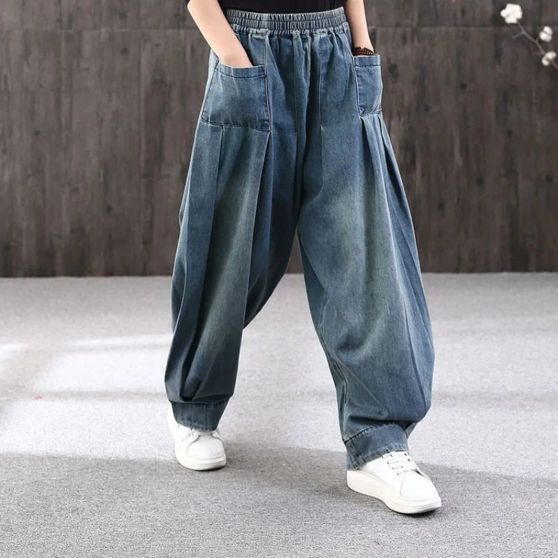 Harem Jeans Women Bloomers Pants Elastic Waist Distressed Washed Pockets Mom 2025 Streetwear Vintage Denim Loose Trousers