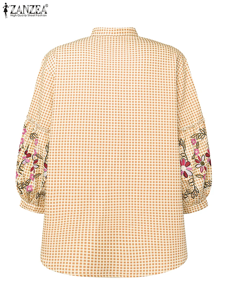 เสื้อเชิ้ตแฟชั่นลายสก็อต ZANZEA เสื้อผู้หญิงแขนทรงโคมพิมพ์ลายดอกไม้ เสื้อผ้าสไตล์วินเทจลำลองสำหรับฤดูใบไม้ร่วงปี 2025 เสื้อคอตั้งสำหรับใส่ทำงาน