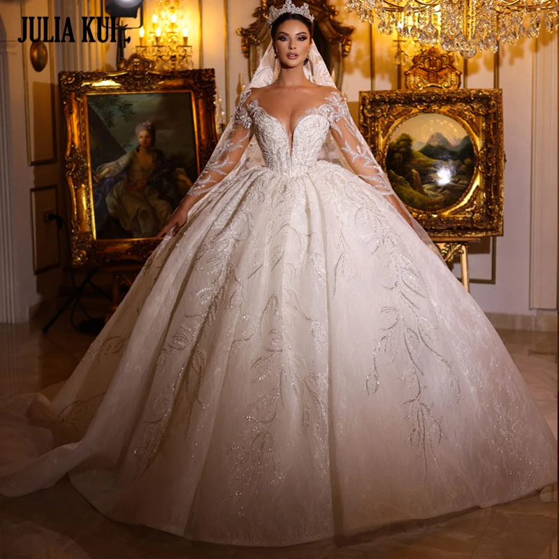 

Julia Kui Customize Luxury Embroidery Applique Lace Ball Gown Wedding Dresses V-Neck Full Sleeves Beading Pearls Bridal Skirts