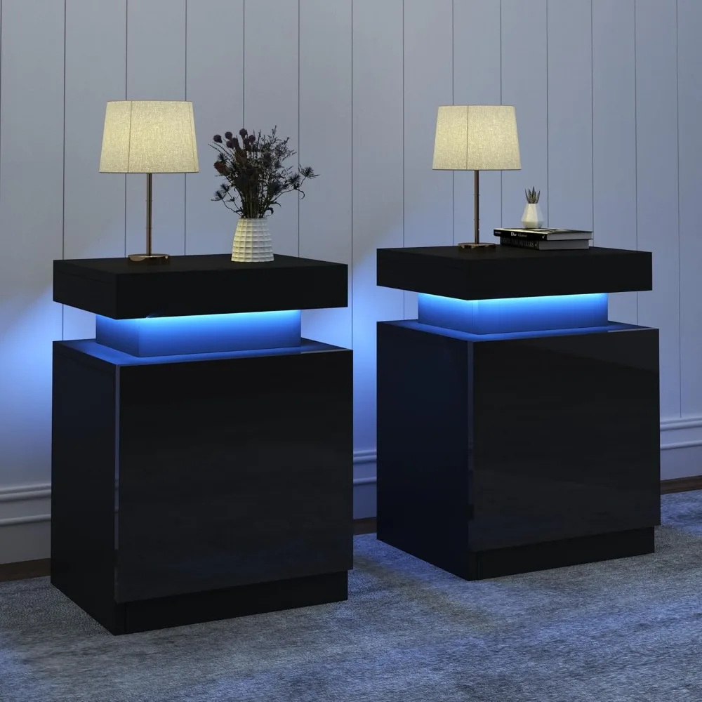 Pair of Modern LED-Illuminated Nightstands with Storage Cabinet, Contemporary Bedroom Side Tables in Black